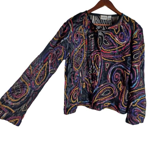 Chico's Sz 1 M Vtg Multicolor Ribbon Sheer Zip Jacket Boho Artwear Swirl Texture - Picture 4 of 8